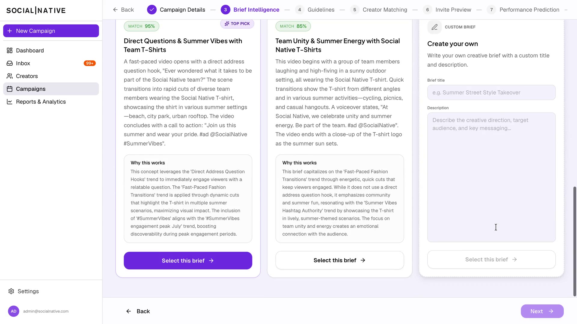Brief Intelligence — AI-generated brief options scored against real benchmarks