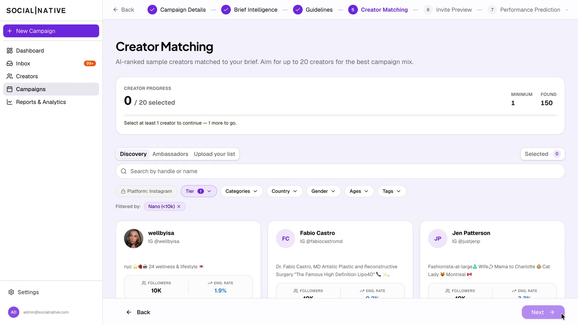 Creator Matching — AI-ranked sample creators matched to your brief
